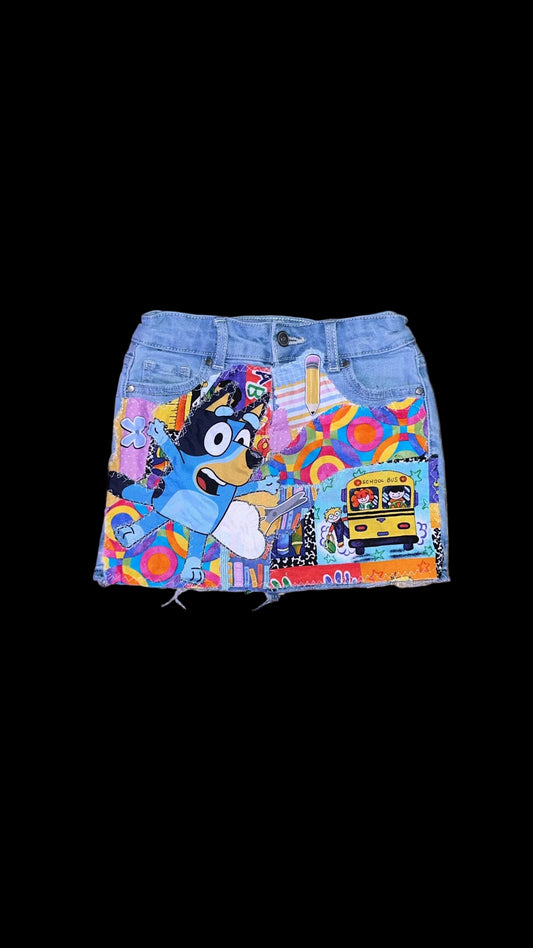 1OF1 GIRL’s “BLUEYxSCHOOL” THEMED PATCHWORK SKIRT SZ: 4/5